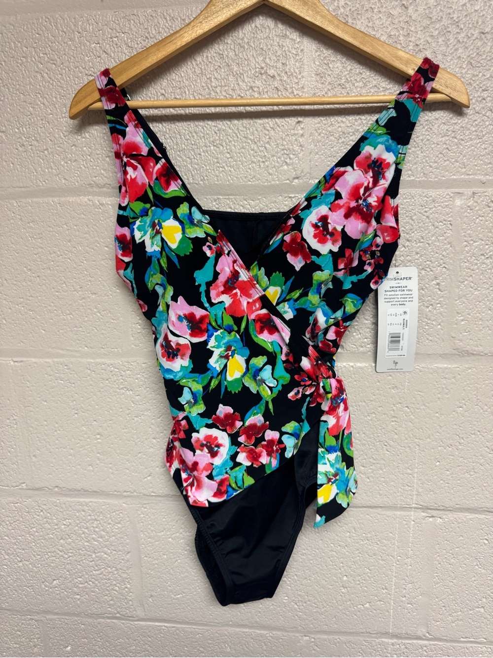 Floral Wrap One-Piece Swimsuit - Black with Multicolor Floral